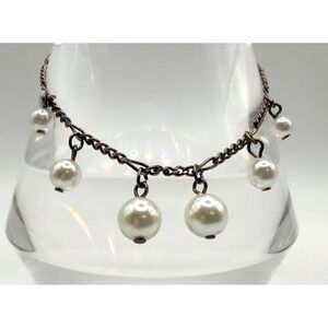 Vintage Korea Pearl Charm‎ Bracelet 7" Gold Tone Dangle Faux Pearls